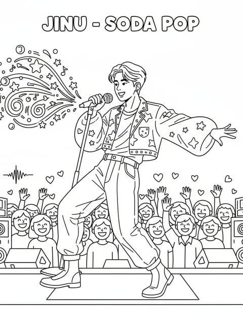 Dibujo para colorear de Jinu interpretando Soda Pop en el escenario con efectos mágicos desde su micrófono