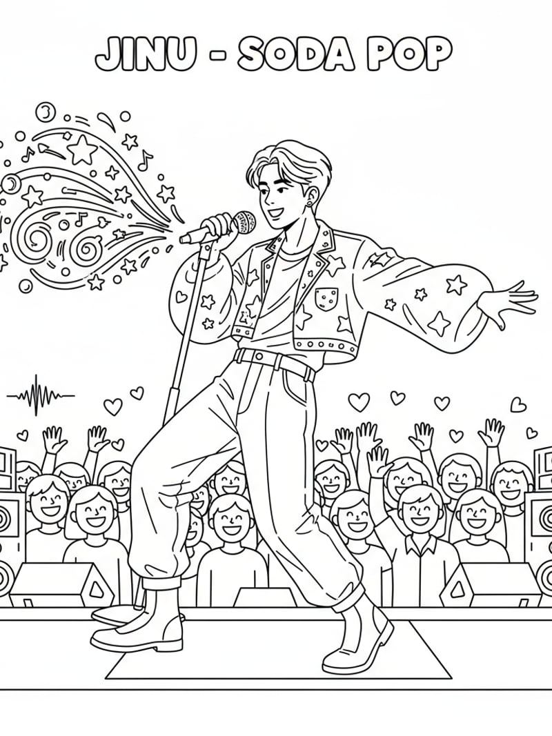 Jinu performing Soda Pop on stage with magical microphone effects and cheering fans