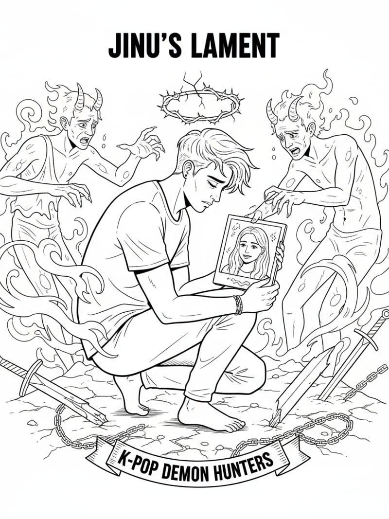 Jinu in sorrowful pose holding photo of sister haunted by past emotional scene