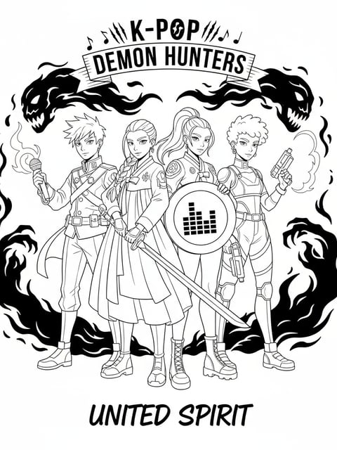 Dibujo para colorear de Jinu, Rumi, Mira y Zoey unidos como equipo frente a la oscuridad