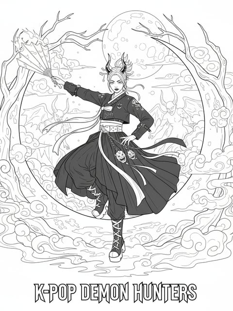 Dibujo para colorear de Jinu con hanbok negro tradicional actuando en un escenario iluminado por la luna