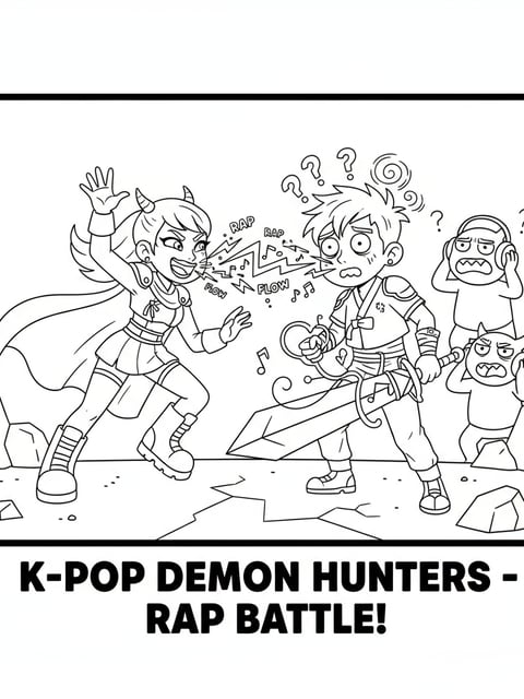 Dibujo para colorear de Jinu y Zoey en una escena cómica donde ella lo molesta con poderes de rap