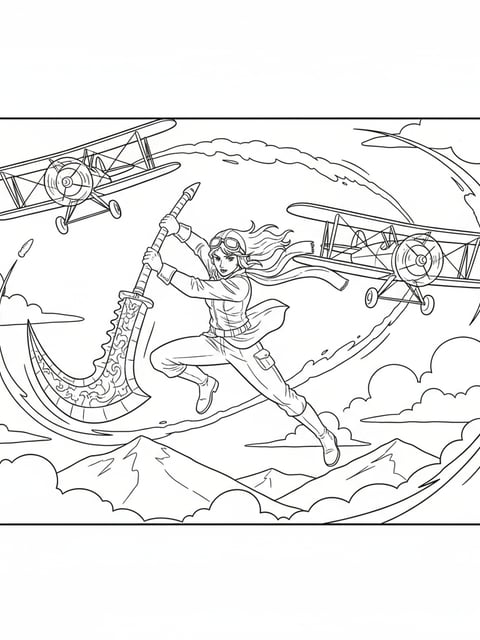 Mira mid-air in airplane battle swinging Gok-do weapon heroically