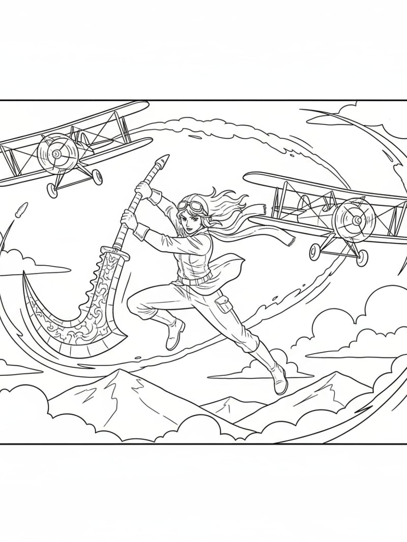 Mira mid-air in airplane battle swinging Gok-do weapon heroically