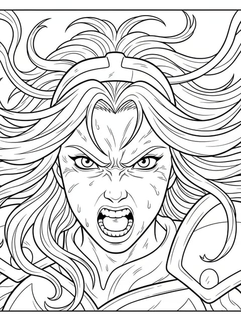 Mira angry face close-up during battle with hair flying intense expression