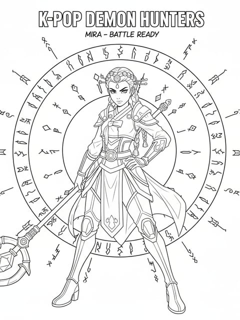 Mira in full battle costume with magical runes confident pose