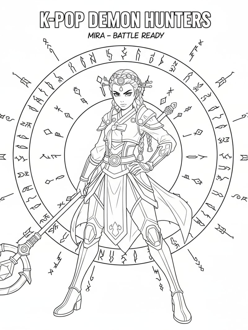 Mira in full battle costume with magical runes confident pose