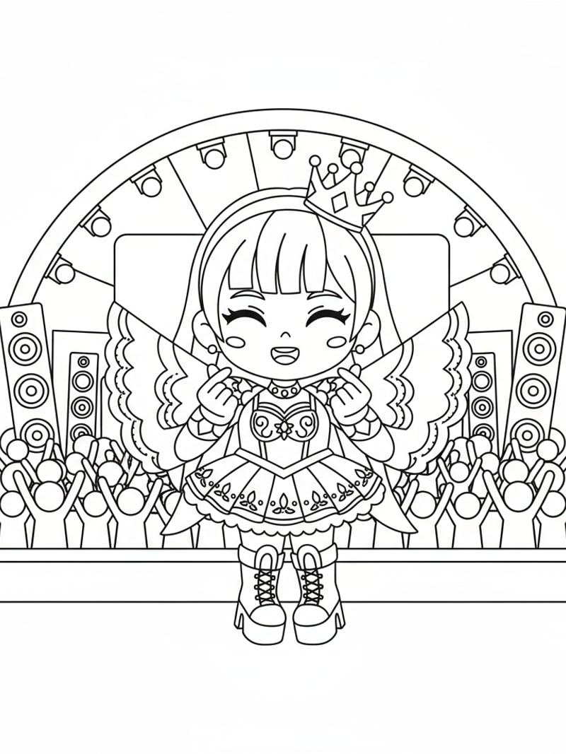 Chibi Mira making finger heart in golden stage outfit with K-pop concert background