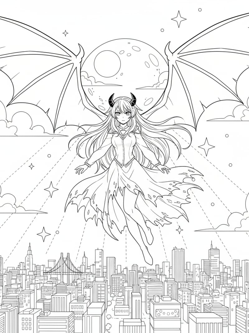 Mira with demon wings floating over city at night dramatic anime style