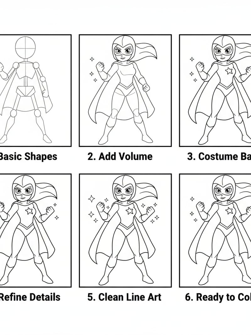 Step-by-step drawing tutorial of Mira in hero pose beginner-friendly