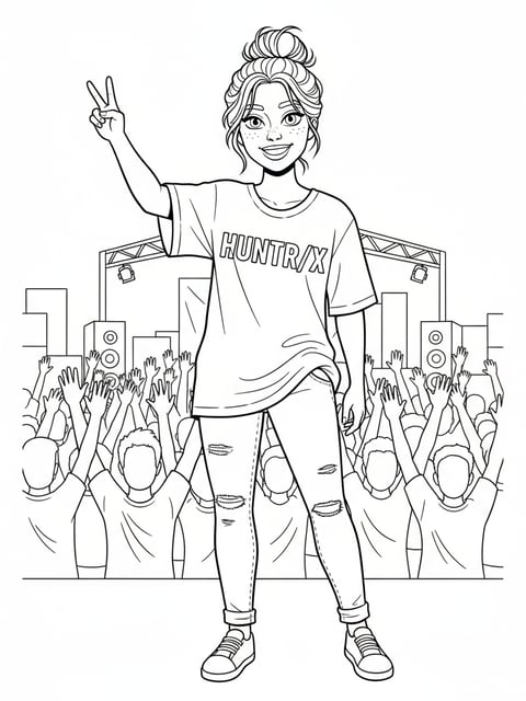Mira wearing HUNTR/X-inspired stage T-shirt making peace sign and smiling