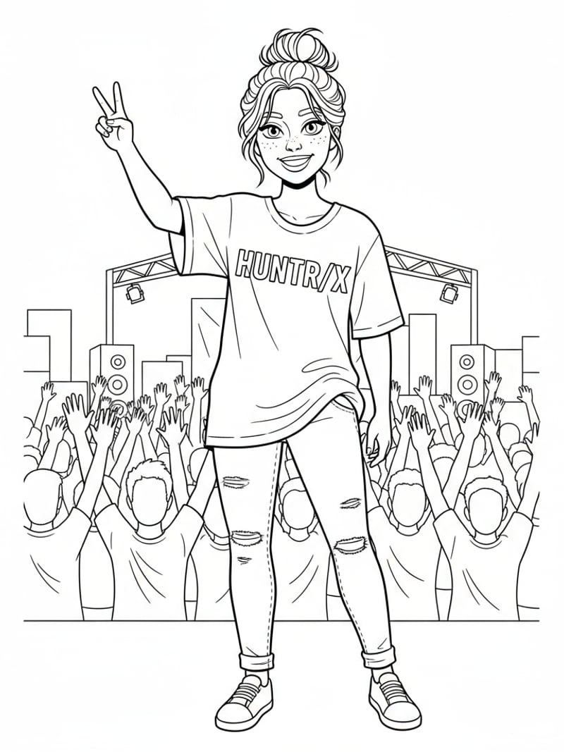 Mira wearing HUNTR/X logo T-shirt making peace sign and smiling