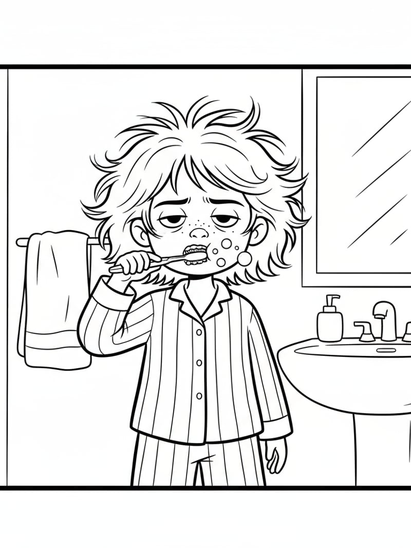 Pajama Mira brushing teeth with messy hair sleepy expression