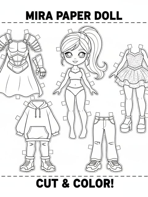 Mira paper doll with cut-out battle gear concert and casual outfits