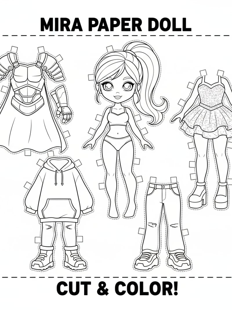 Mira paper doll with cut-out battle gear concert and casual outfits