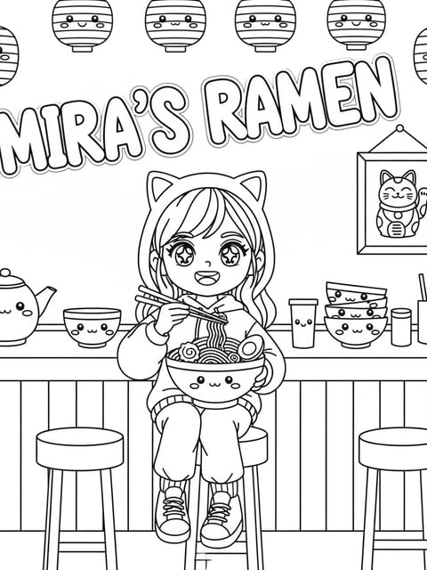 Mira at ramen shop in casual clothes smiling with chopsticks kawaii style