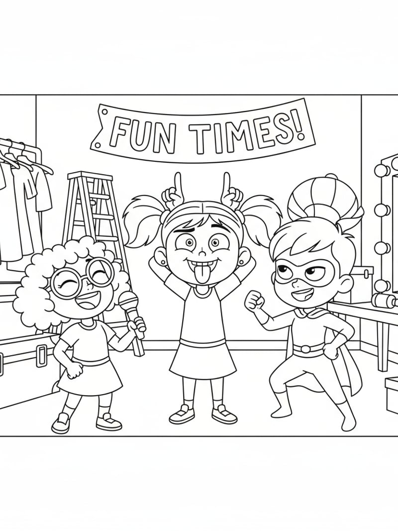 Mira making silly face backstage with Rumi and Zoey fun scene