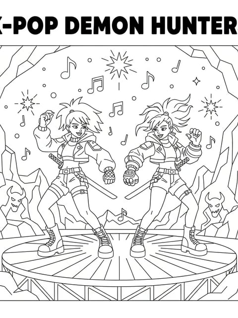Mira and Zoey dancing on glowing stage with music notes and lights
