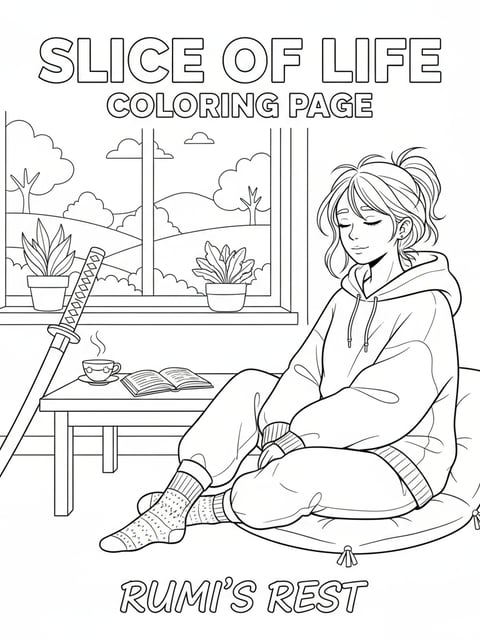 Rumi in casual home clothes relaxing with sword nearby
