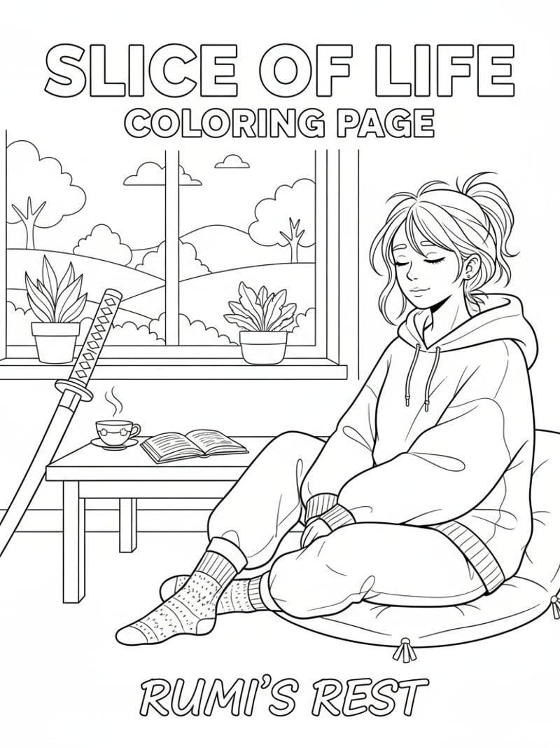 Rumi in casual home clothes relaxing with sword nearby