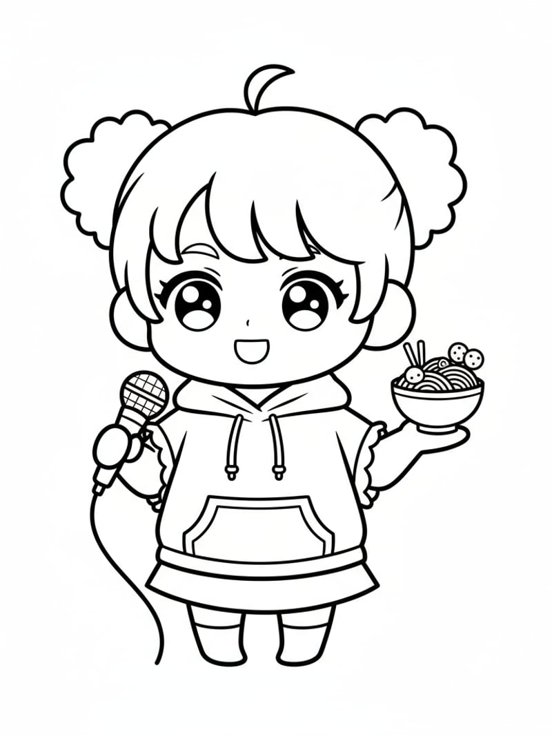 Chibi Rumi holding microphone and tiny ramen bowl cute style