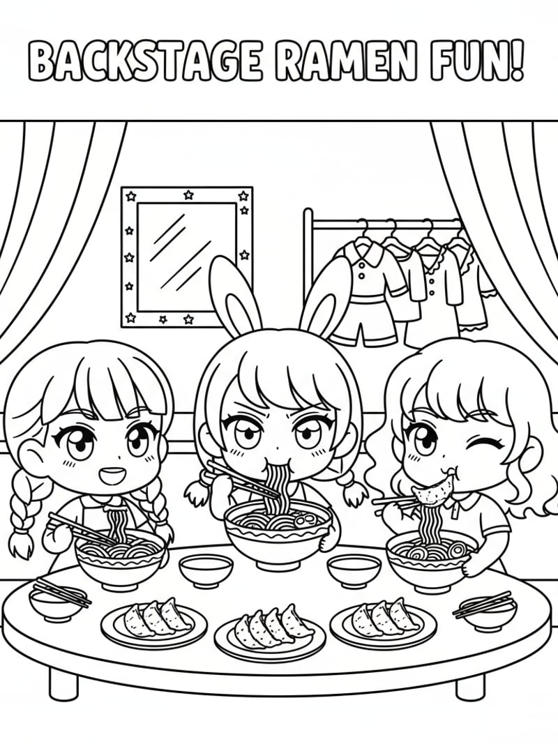 Chibi Rumi eating ramen with Mira and Zoey backstage