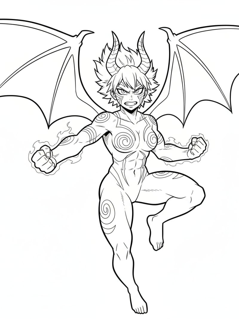 Rumi in demon form with glowing markings mid-battle pose