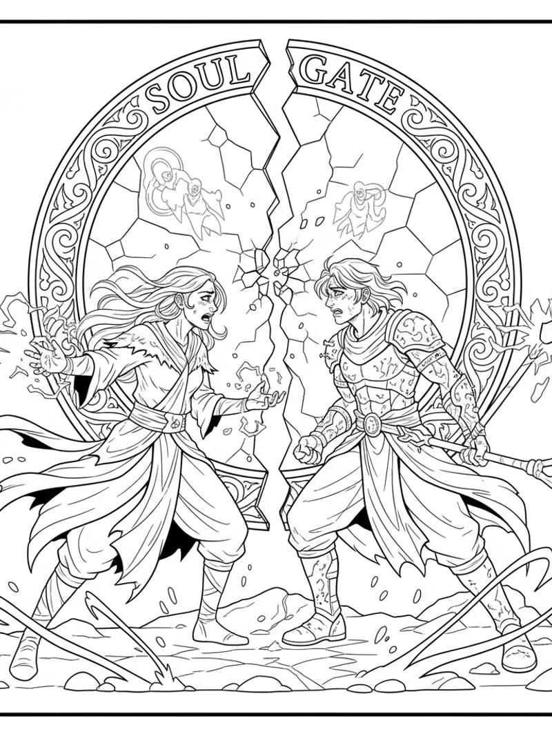 Rumi and Jinu dramatic confrontation with cracked soul gate background