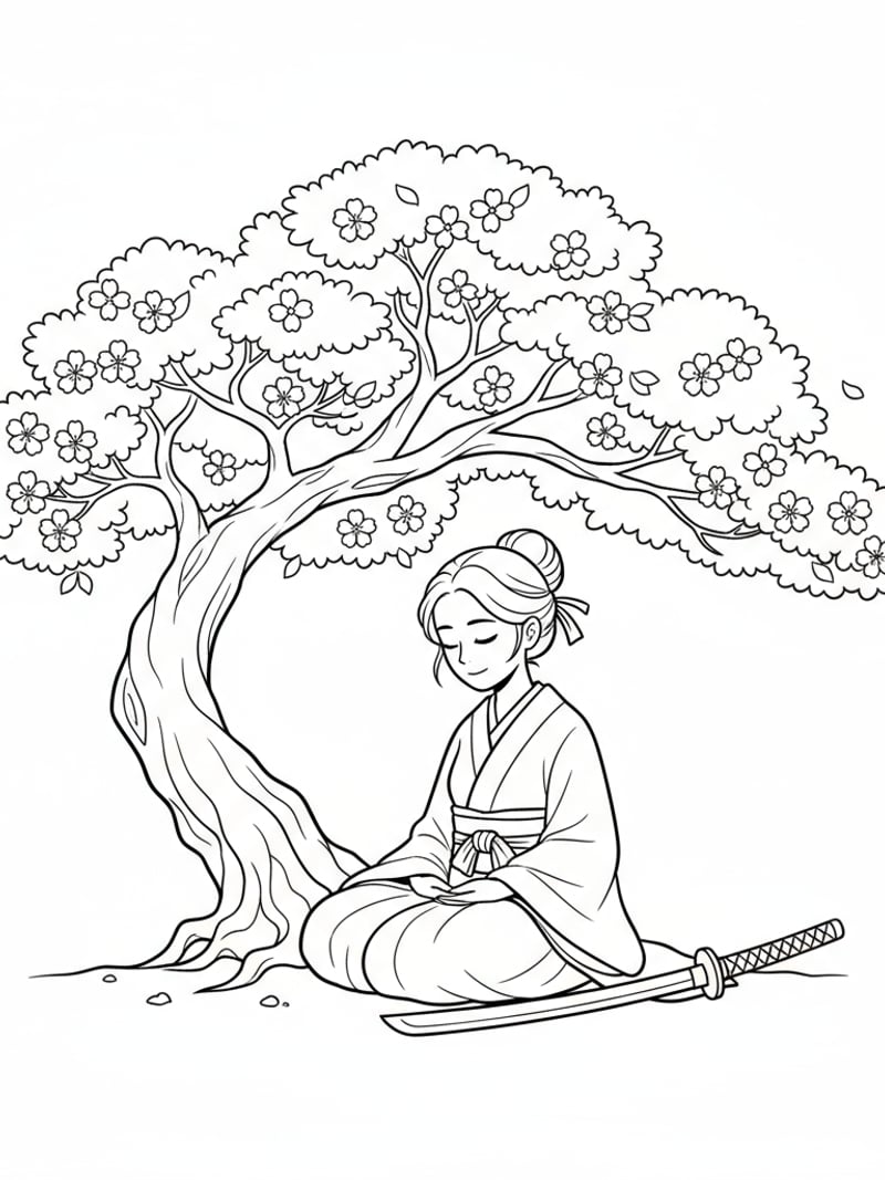 Rumi sitting peacefully under sakura tree with sword calm moment
