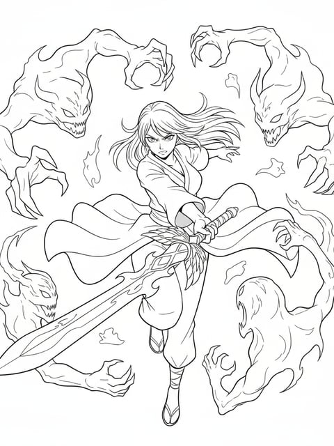 Rumi wielding spiritual sword in white outfit fighting shadow demons