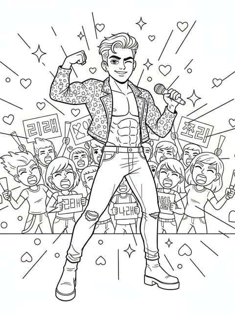 Dibujo para colorear de Abs de Saja Boys marcando músculo con fans gritando y destellos de corazones