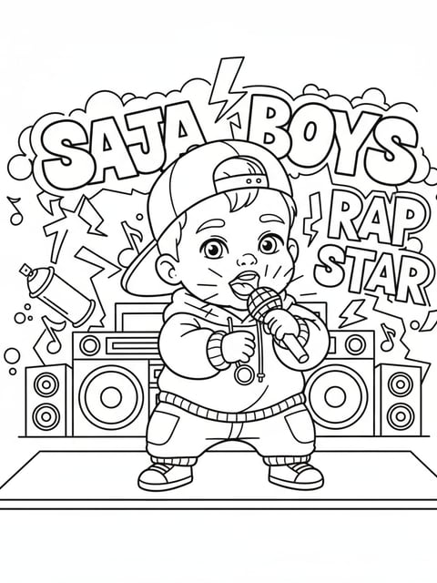 Dibujo para colorear de Baby de Saja Boys rapeando en el escenario con micrófono brillante y efectos de grafiti