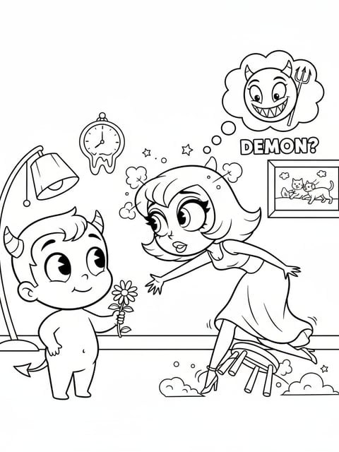 Dibujo para colorear de Baby y Zoey en un momento cómico cuando ella casi cae en su encanto demoníaco
