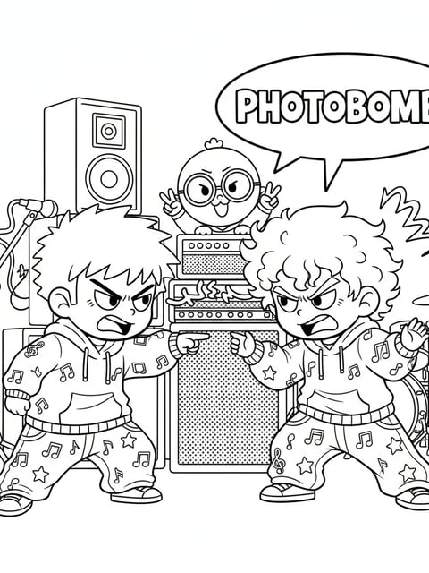 Dibujo para colorear chibi de Abs y Mystery discutiendo entre bastidores mientras Baby se cuela en la escena