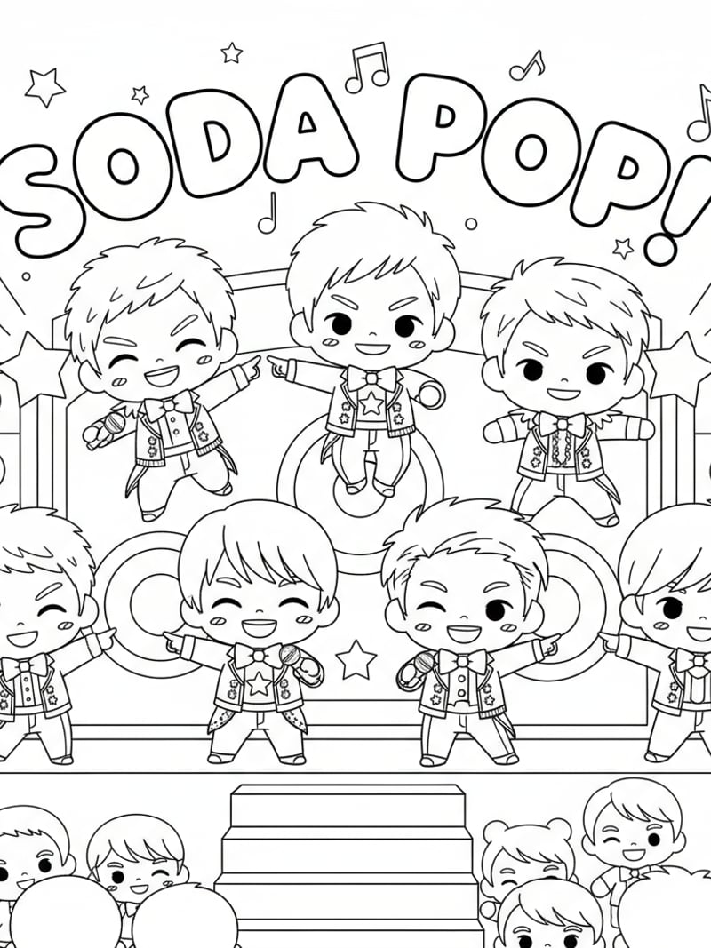 Chibi Saja Boys members performing Soda Pop on stage in idol costumes coloring page for kids
