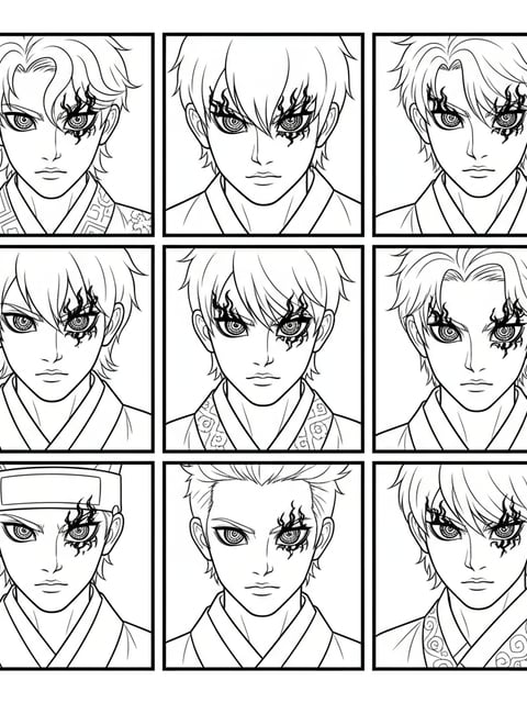 Dibujo para colorear de primeros planos de Saja Boys con ojos de demonio activados en formato de cinco paneles