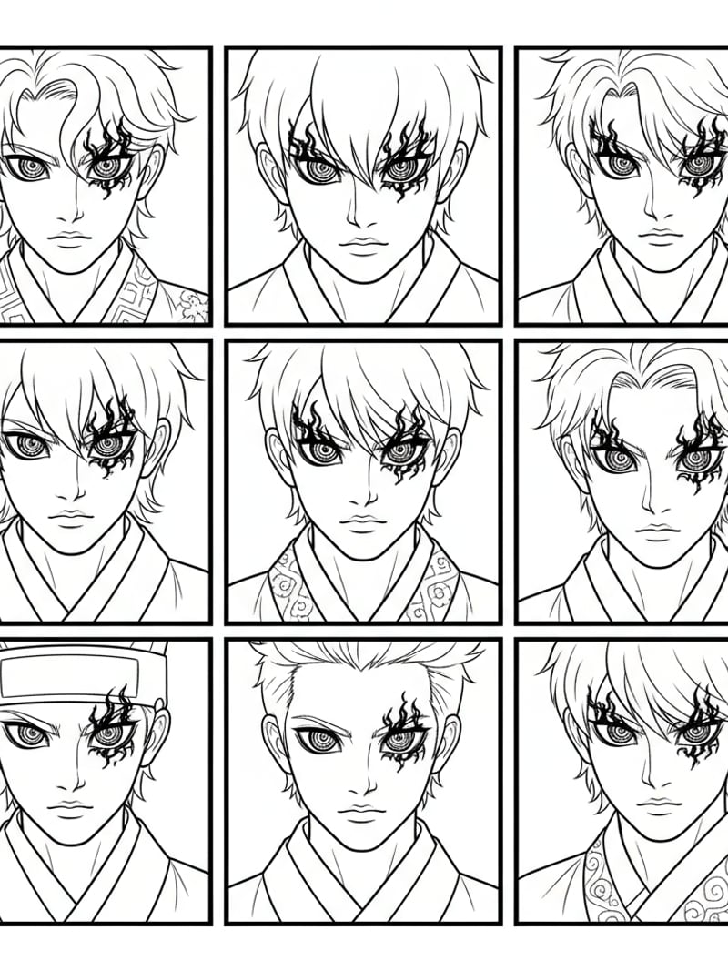 Close-up face shots of each Saja Boys member with demon eyes activated 5-panel format