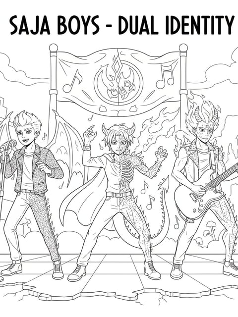 Dibujo para colorear de Saja Boys transformándose en demonios durante una actuación, mitad ídolos y mitad demonios