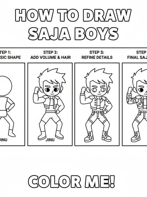 Dibujo para colorear tipo tutorial paso a paso para dibujar a Saja Boys empezando con Jinu en pose de idol