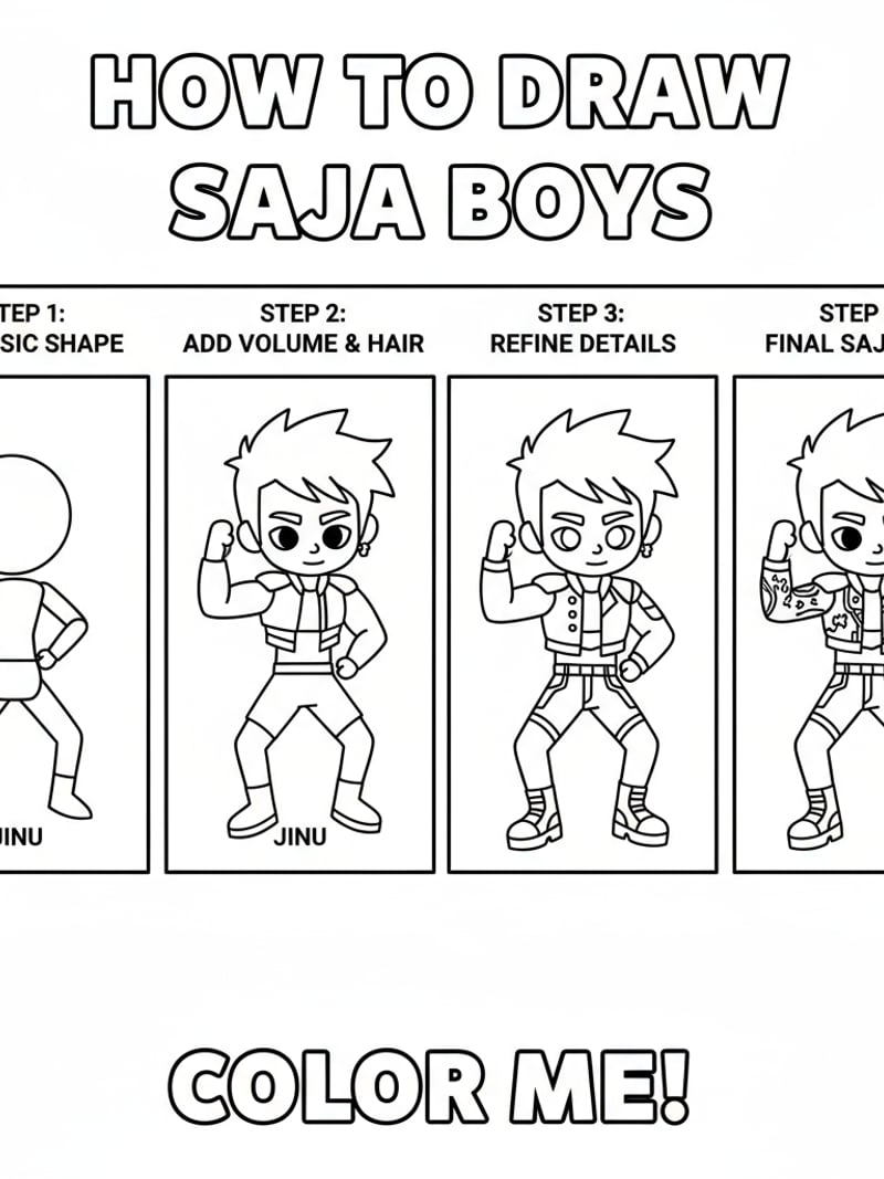 How to draw Saja Boys step-by-step tutorial starting with Jinu in idol pose
