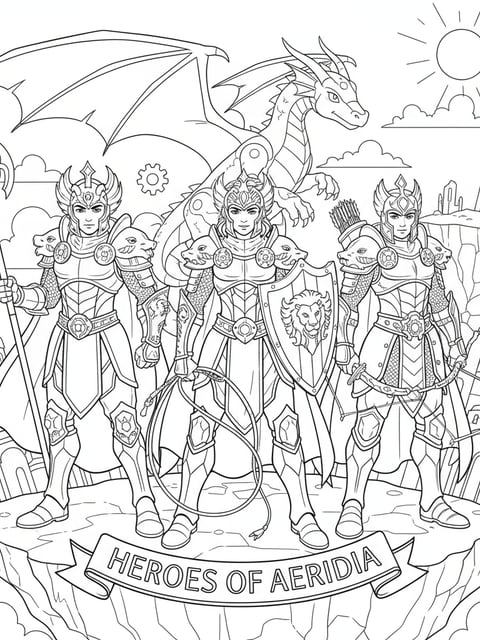 Dibujo para colorear de Saja Boys como aliados de Huntrix con armaduras de fantasía en un universo alternativo