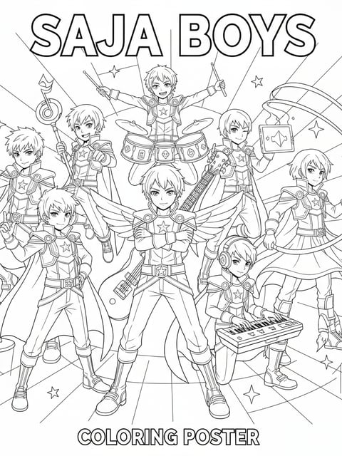 Dibujo para colorear de retrato grupal de Saja Boys con trajes de idol, poses y accesorios característicos