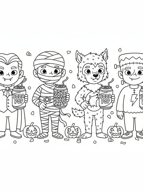 Dibujo para colorear de Saja Boys con disfraces de Halloween de vampiro, momia y hombre lobo sosteniendo latas de Soda Pop