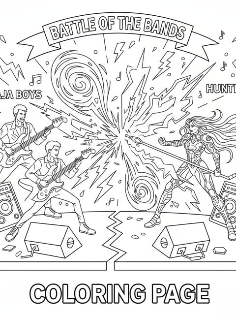 Dibujo para colorear de Saja Boys enfrentándose a Huntrix en un escenario dividido con choque de energía mágica