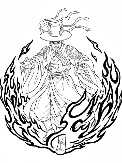 Dibujo para colorear de Jinu de Saja Boys en forma demoníaca con sombrero coreano, túnicas y aura de llamas oscuras