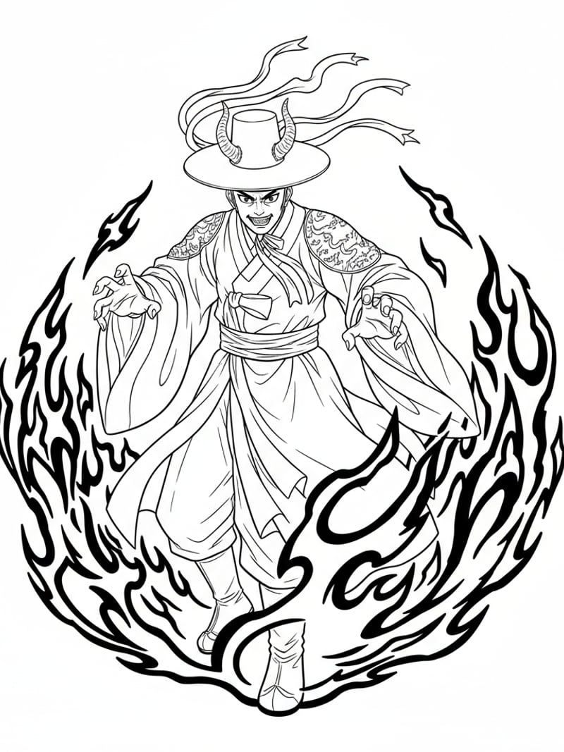Jinu from Saja Boys in demon form with traditional Korean hat and robes dark flame aura