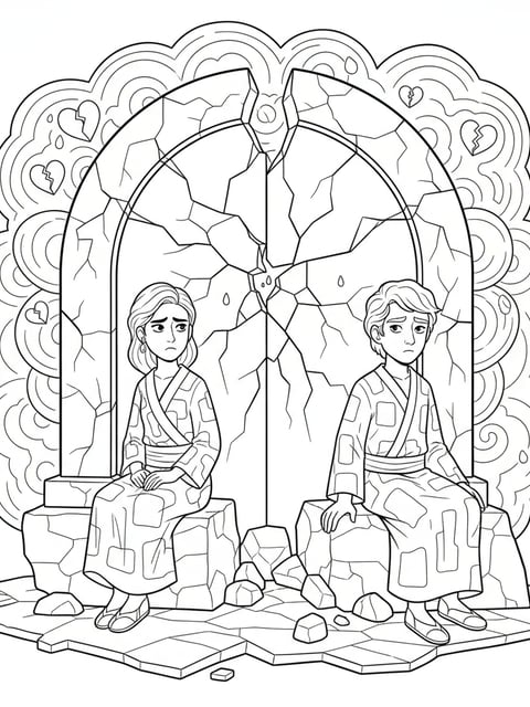 Dibujo para colorear de Jinu y Rumi a ambos lados de una puerta de almas agrietada con expresiones conflictivas