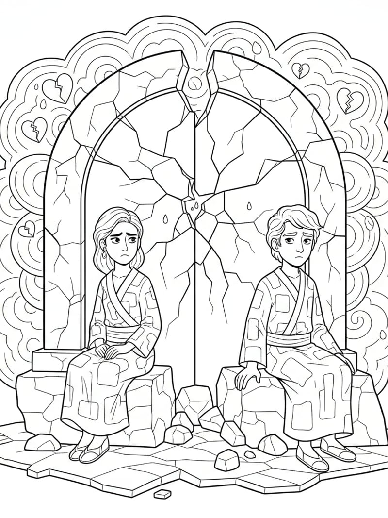 Jinu and Rumi sitting on opposite sides of cracked soul gate with conflicted expressions