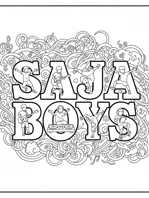 Emblema de estilo fan de Saja Boys con siluetas de miembros y fondo de energía de almas