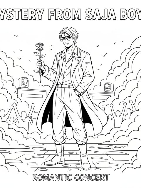 Dibujo para colorear de Mystery de Saja Boys en un concierto con niebla, una rosa y sonrisa misteriosa